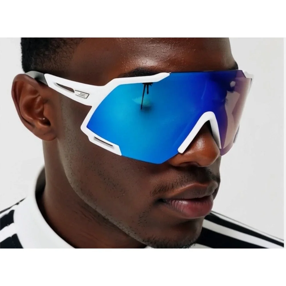 Sunglasses Polarized Sports White Frame Blue Mirror Lens Outdoor Ski Beach Style